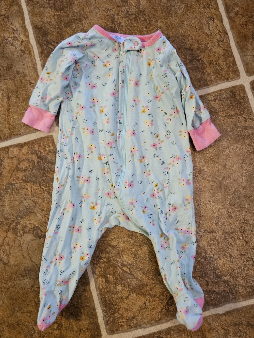 Gerber Light Blue Floral Footed One-Piece with Pink Trim
